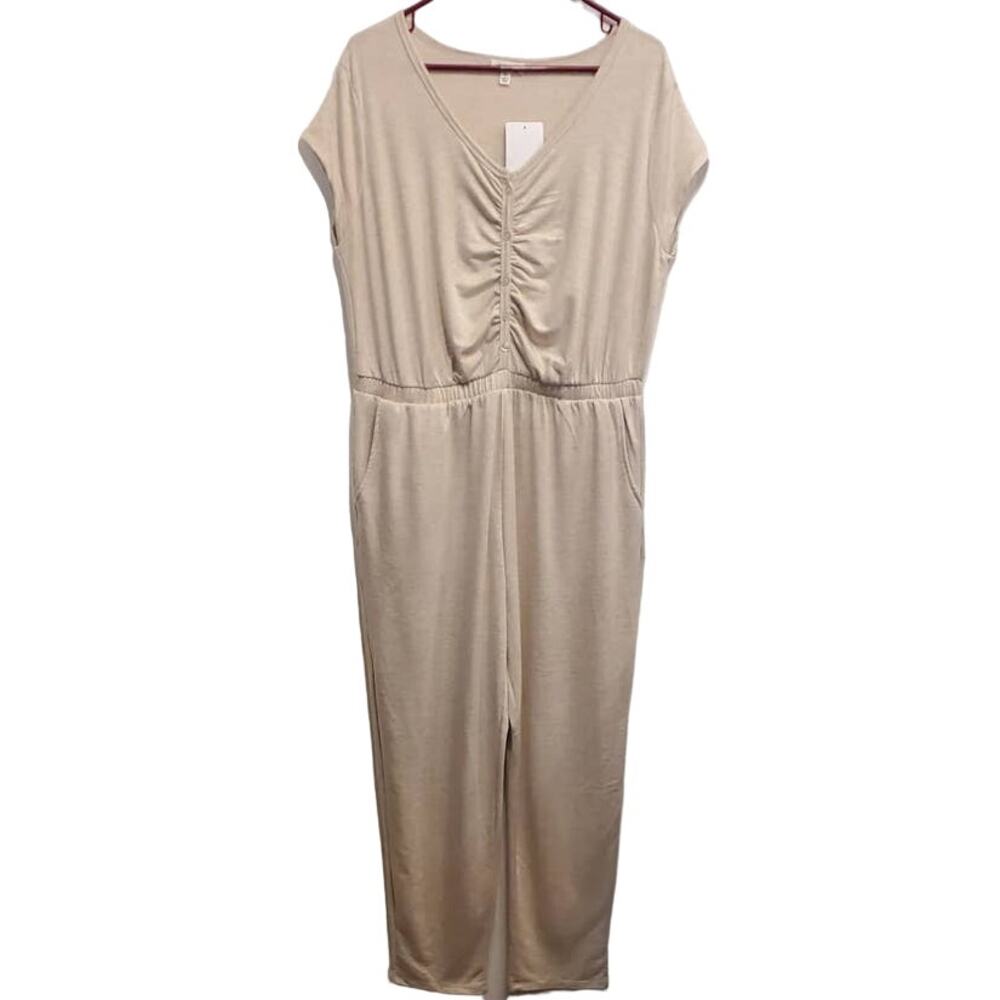 Stitch & Pine Cream Relaxed Loungewear Jumpsuit Heather Oatmeal Ruched Size XL